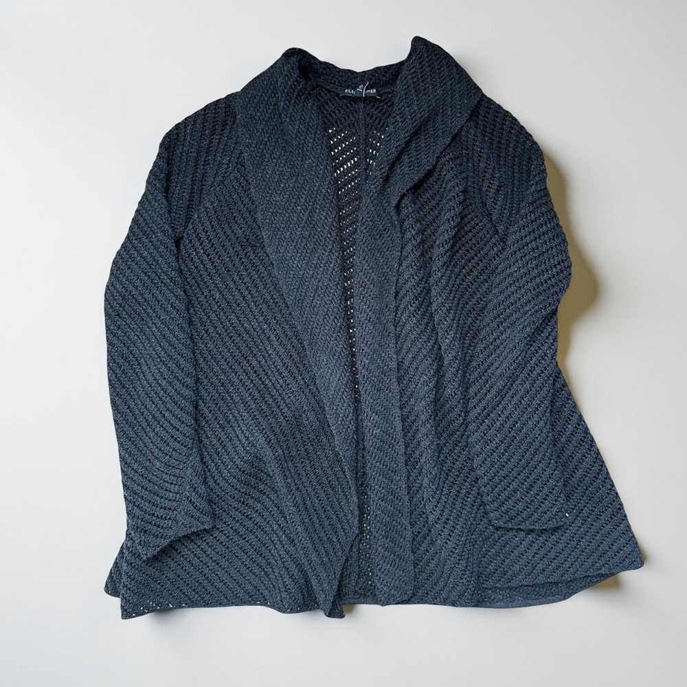 Eileen Fisher 100% Merino Wool Women's Black Knit Open Front Cardigan